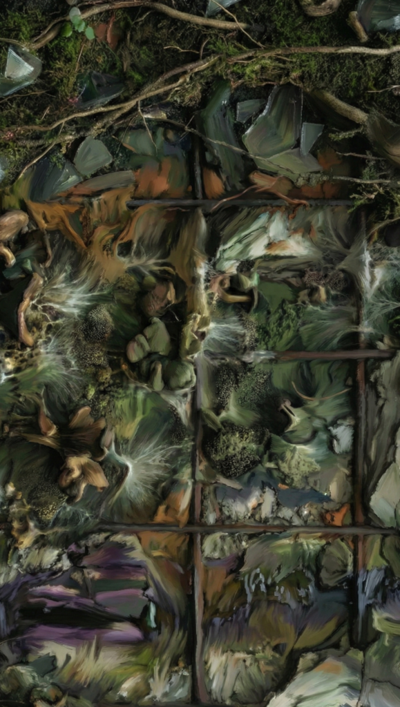 יצירת אמנות מופשטת המשלבת מבנה של סורג מתכתי, שברי זכוכית, טחב ירוק ומרקמים צבעוניים המזכירים ריקבון אורגני.