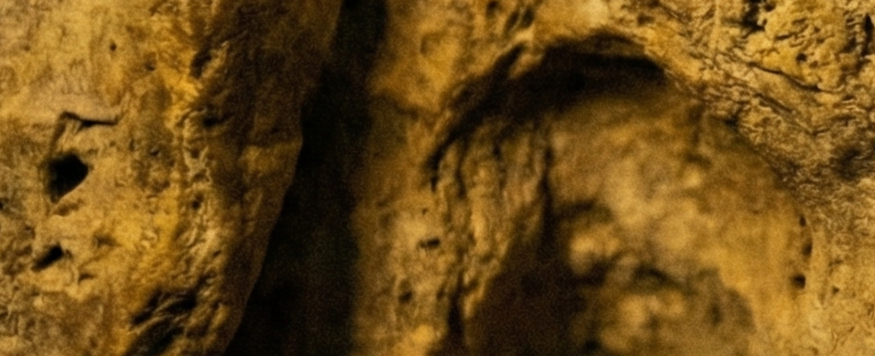 תקריב (Macro) של טקסטורת סלע גולמי בגווני צהוב וחום, עם שקעים ומרקם טבעי מחוספס.