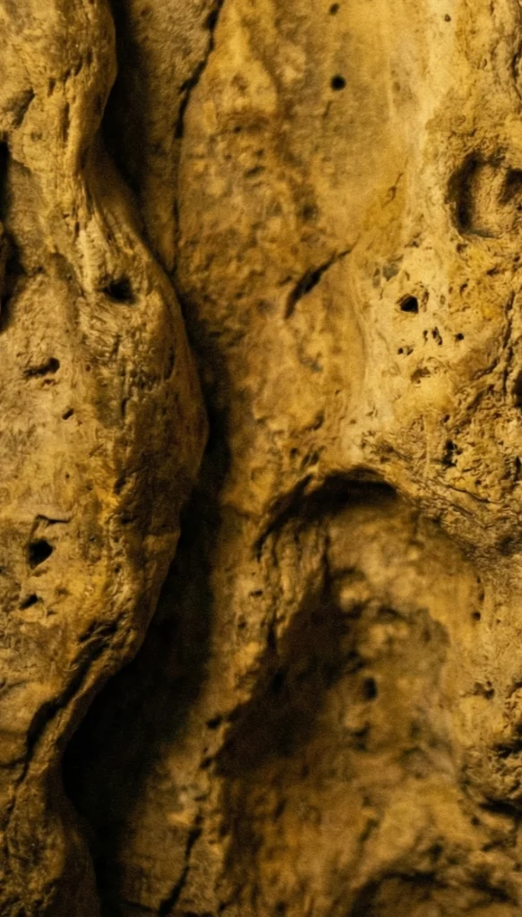 תקריב (Macro) של טקסטורת סלע גולמי בגווני צהוב וחום, עם שקעים ומרקם טבעי מחוספס.