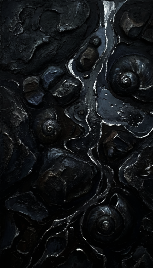תבליט אמנותי מופשט וכהה המציג צורות של קונכיות מאובנות (אמוניטים) שקועות בתוך טקסטורה סלעית עם עיטורי כסף מבריקים.