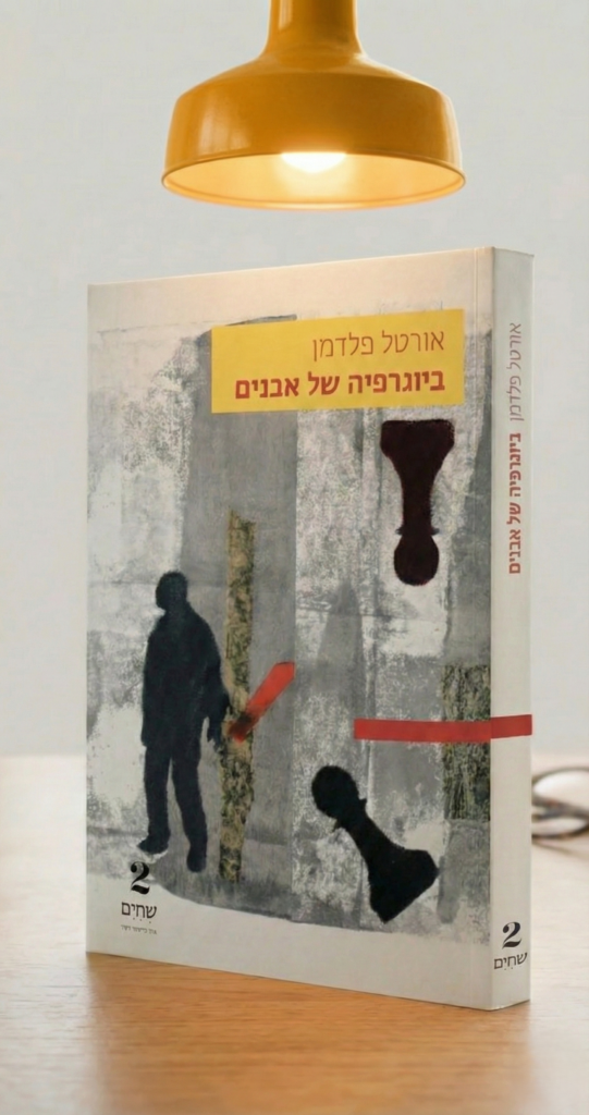 כריכת הספר "ביוגרפיה של אבנים" מאת אורטל פלדמן. איור מופשט הכולל צללית אדם, כלי שחמט ופסים גיאומטריים.